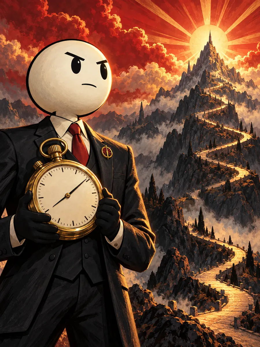 A Department of Leveling official holds an oversized gold stopwatch in front of a road winding up to a distant peak