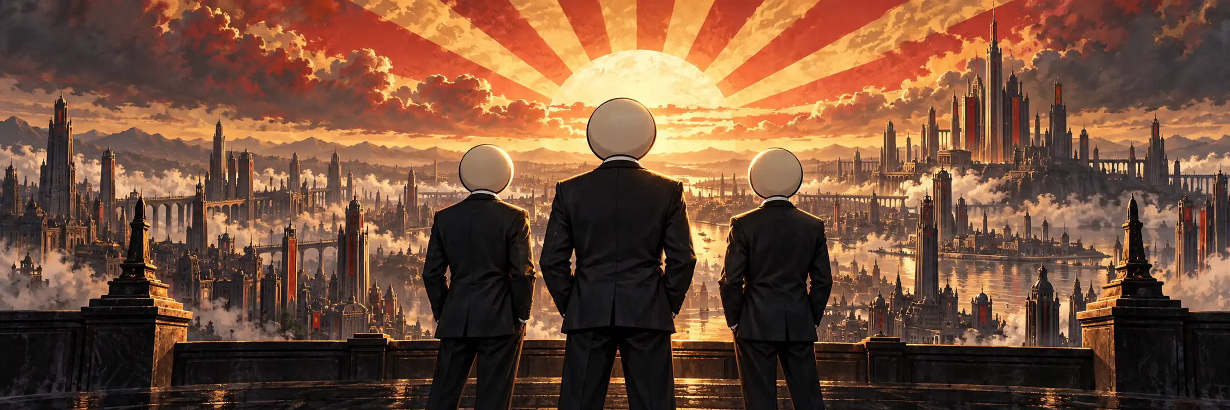 The three Ministry officials seen from behind, facing the sunrise over the spire city